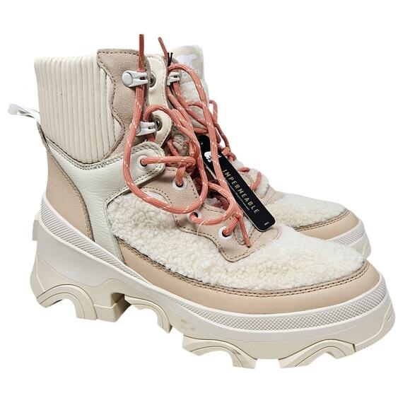NEW SOREL 8 Brex Cozy Lace Faux Shearling Sherpa Chunky Snow Boot Cream - Picture 1 of 7